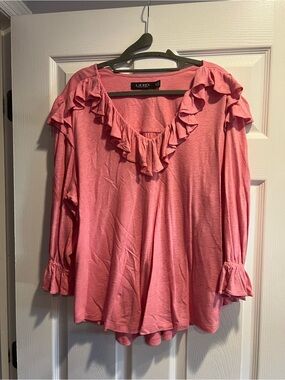 Ralph Lauren Pink Ruffle Scoop-Neck Blouse